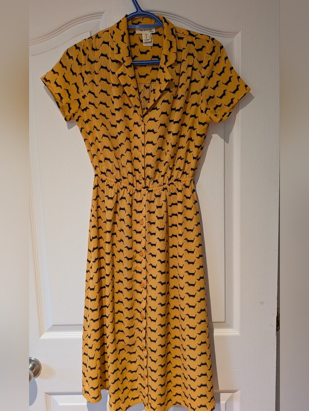 Fun Yellow Dachshund Printed Short Sleeve Midi Dress Size S